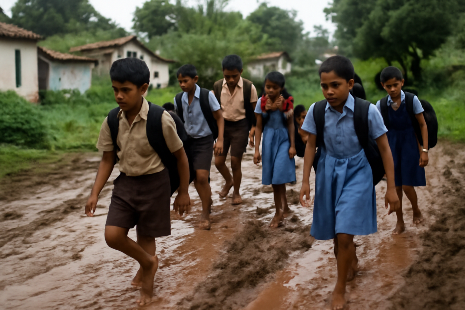 सड़क की कमी से बच्चों को स्कूल जाने में हो रही कठिनाई, वीडियो वायरल