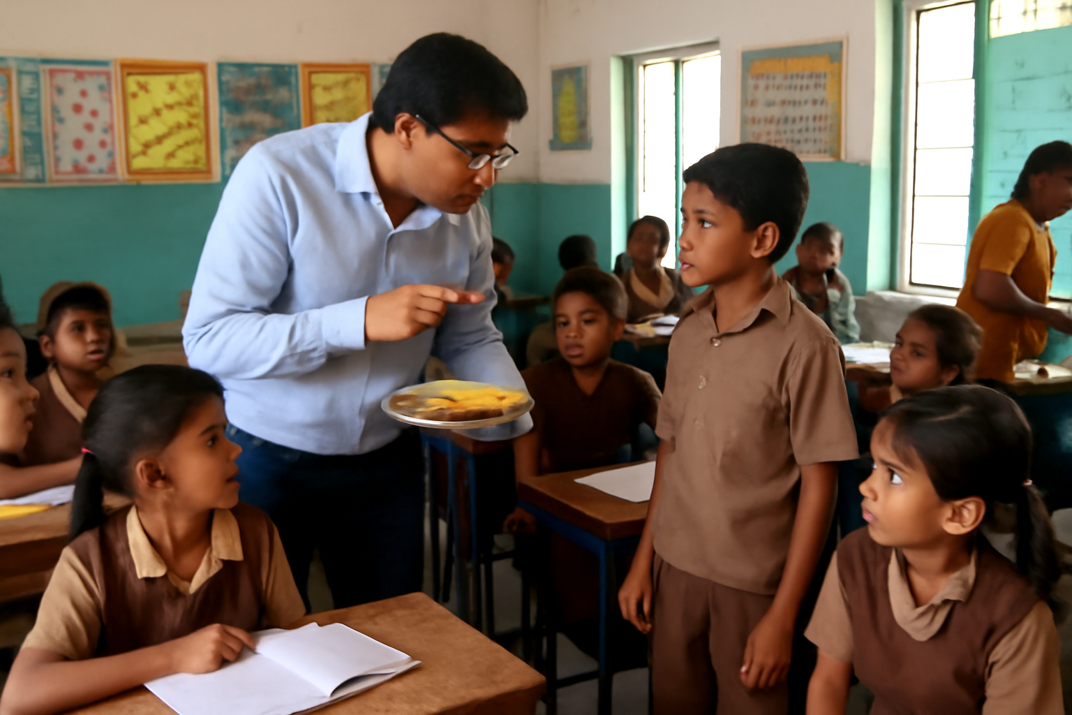 चंदौली में डीएम ने बच्चों से पूछे शब्दों के अर्थ, मिड-डे मील का लिया स्वाद
